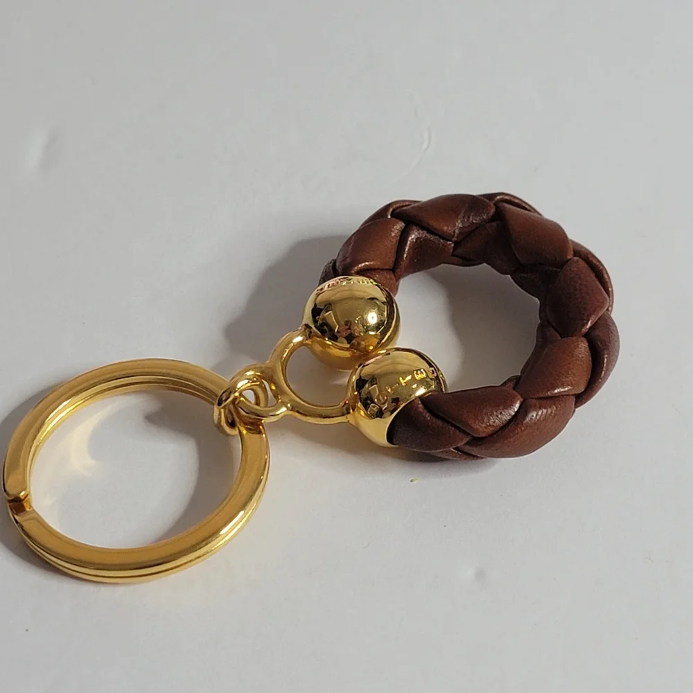 BOTTEGA VENETA Leather Braided Gold Tone Key Ring